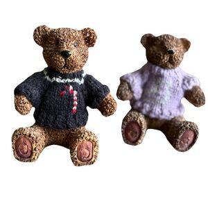2 Vintage Handcrafted Brown Teddy Bears with Sweaters